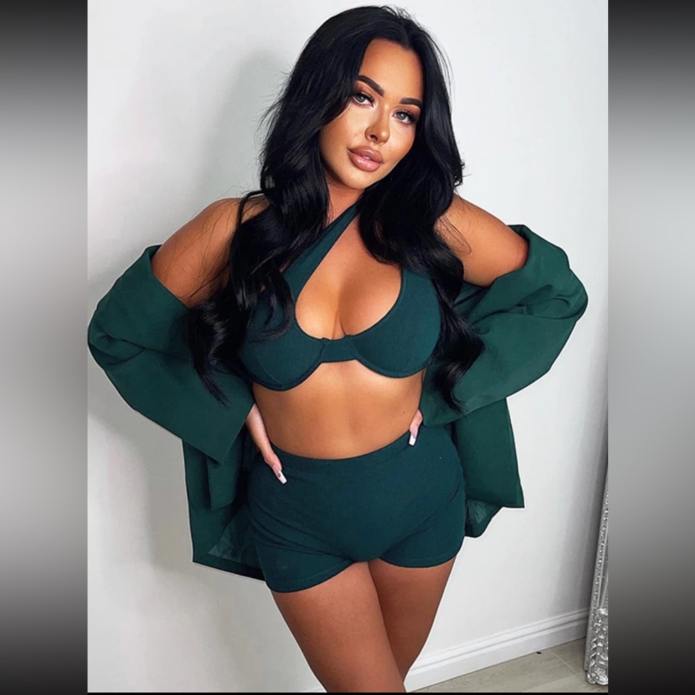 2 Piece Wire Bra Crop and Biker Short Set Teal Size S
